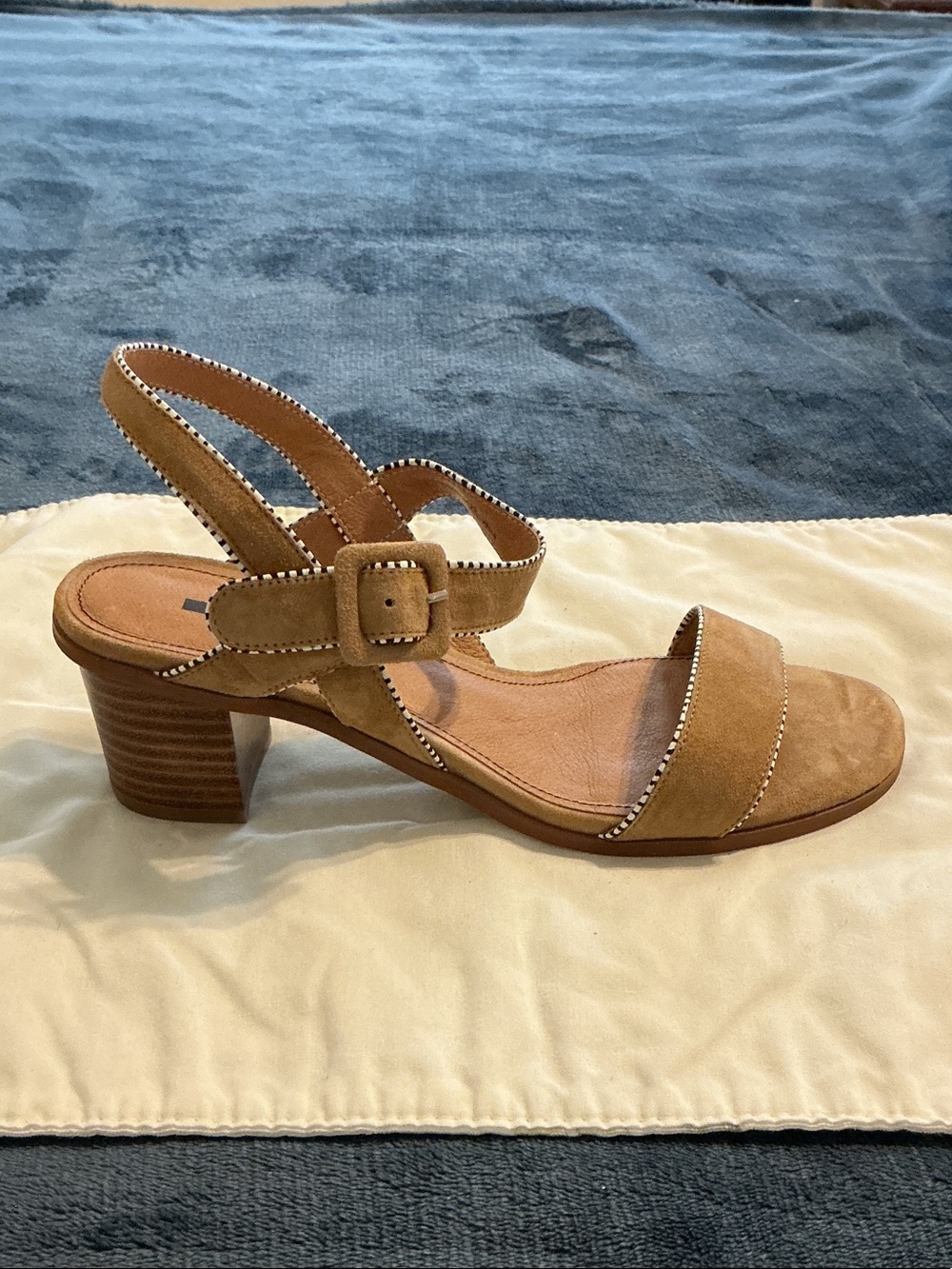 Matiko Tan Suede Block Heel Slingback Sandal with Contrast Stitching